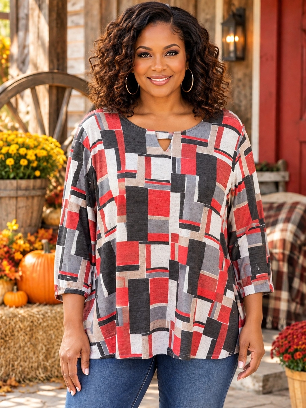 Alfred Dunner Women’s 3X NWT Red Gray Geometric Print Tunic Top